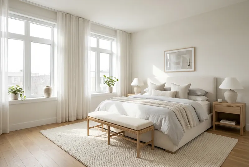 A serene bright primary bedroom with crisp white linens and large windows.
