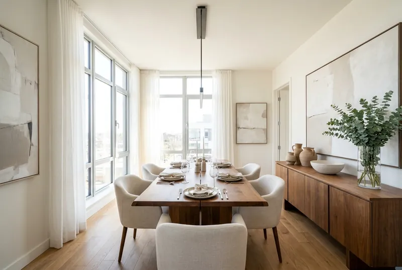 A bright modern dining room with a wood table set for six and large windows.