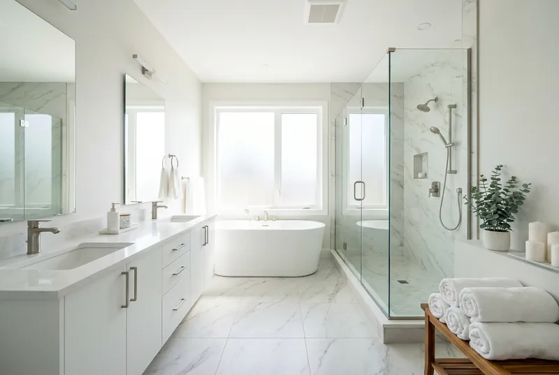 A bright spa-like ensuite bathroom with a freestanding tub and glass shower.