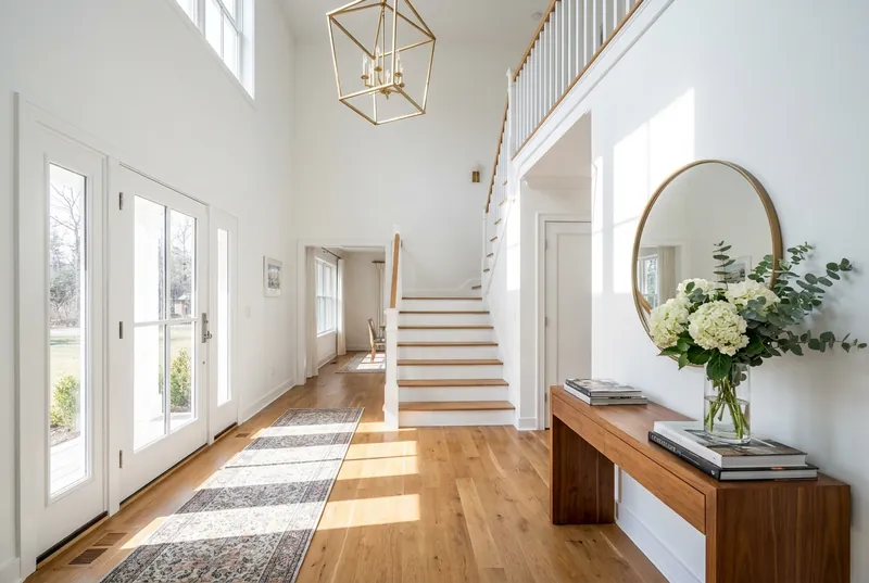 A bright welcoming entry foyer with an open staircase and oak floors.