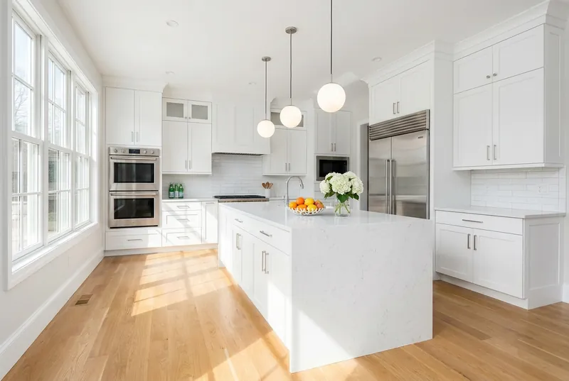 A bright white kitchen with a quartz island, flooded with daylight.