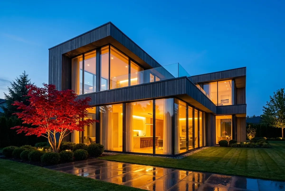 A charcoal-cedar and glass home glowing amber at blue hour beside a crimson maple.