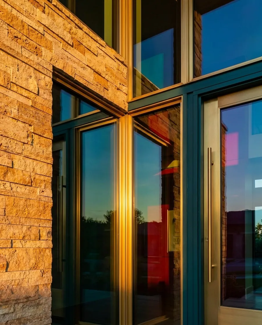 Sunset light raking across stacked stone, glass and brass — an architectural detail.