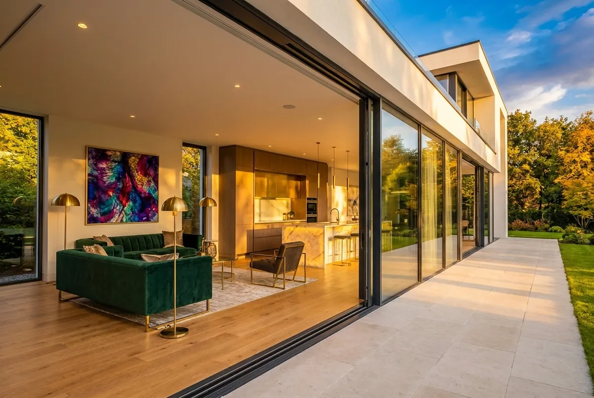 A luxury living interior at golden hour with an emerald velvet sofa, brass lamps and a vivid abstract painting.