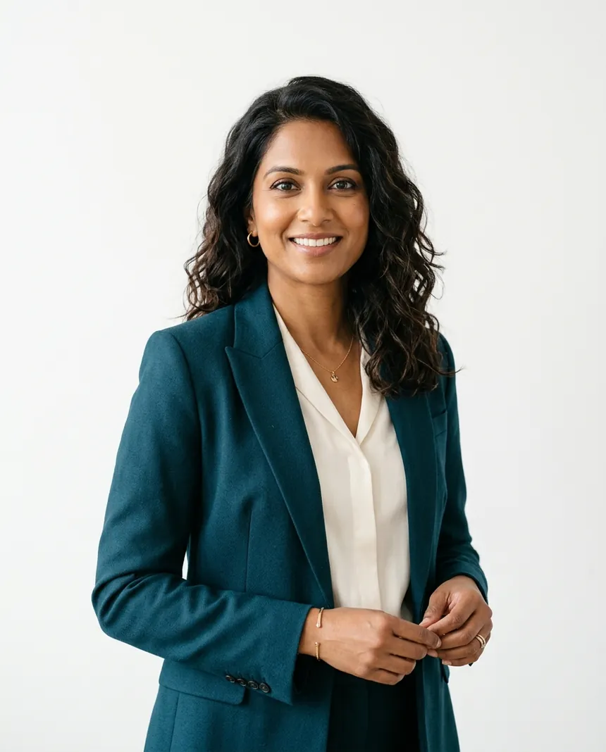 Oviya Selvam, broker — a Tamil-Canadian woman in a deep-teal blazer on a white background.