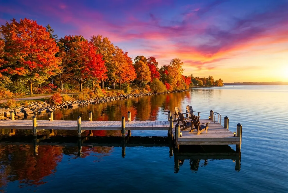 The Ajax–Pickering waterfront in peak autumn — fiery maples along a lakeside trail.