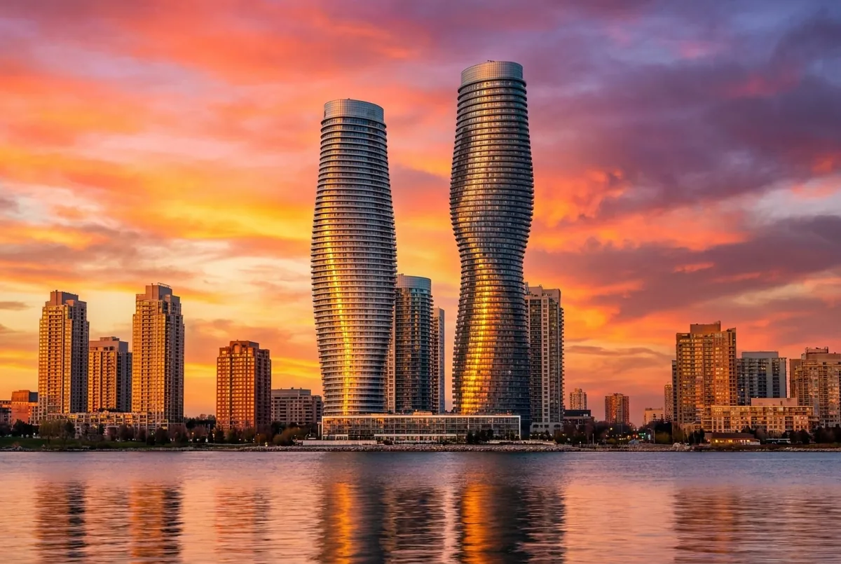 The Mississauga skyline — the curved Absolute towers against a vivid coral sunset over the lake.