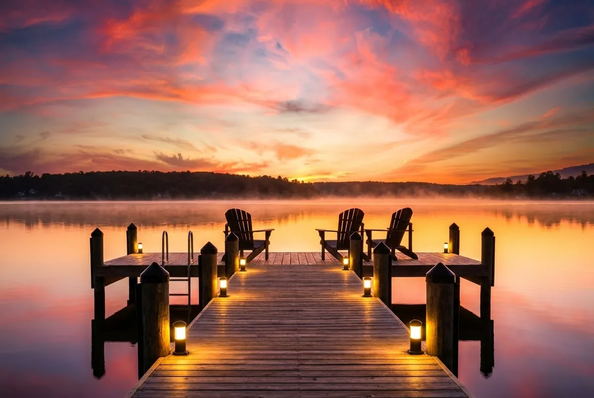 The Bay of Quinte at sunrise — mist over still water under a coral-and-gold sky.
