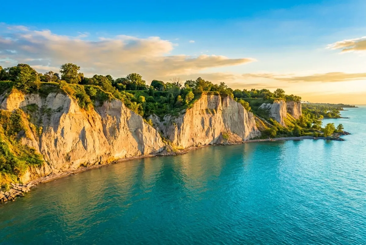 The Scarborough Bluffs — pale cliffs above turquoise Lake Ontario at golden hour.