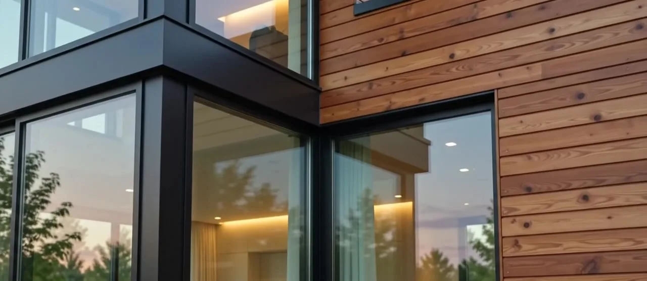 Cedar cladding meeting black-framed glass, warm interior glow at dusk.