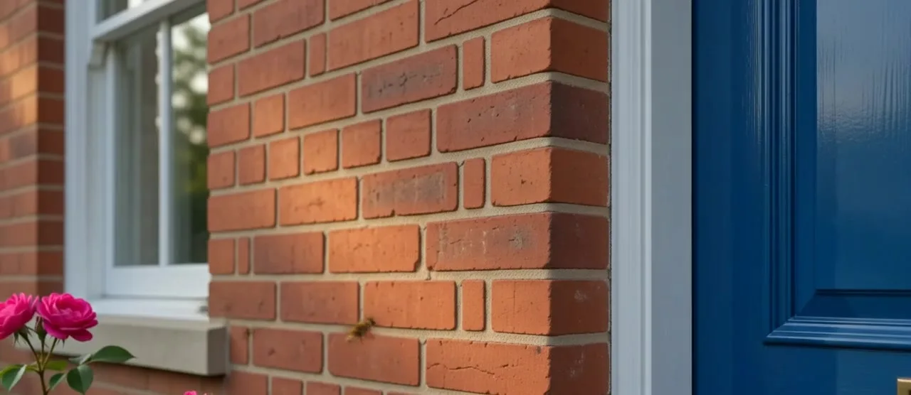 Red brick, a cobalt-blue door and a single pink rose in golden light.