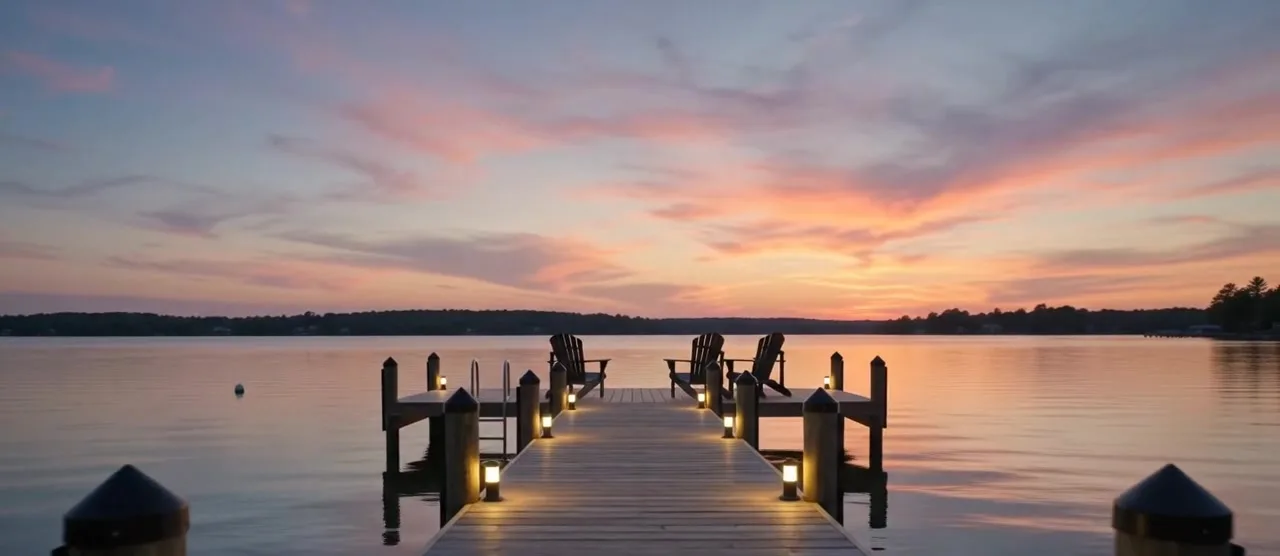 A wooden dock and Muskoka chairs under a vivid coral-and-gold sunset over still water.