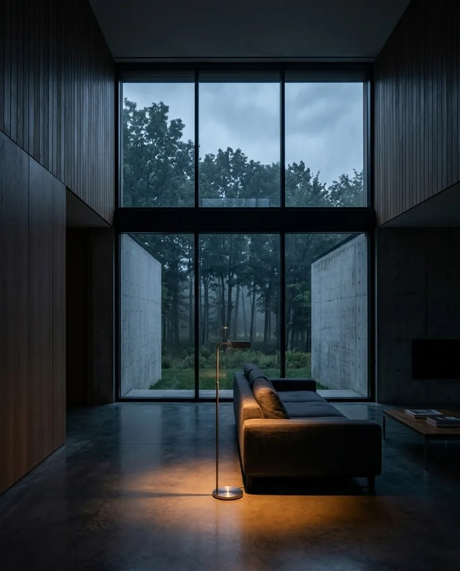 A minimalist living room at dusk, a single floor lamp pooling warm light against raw concrete and floor-to-ceiling glass.