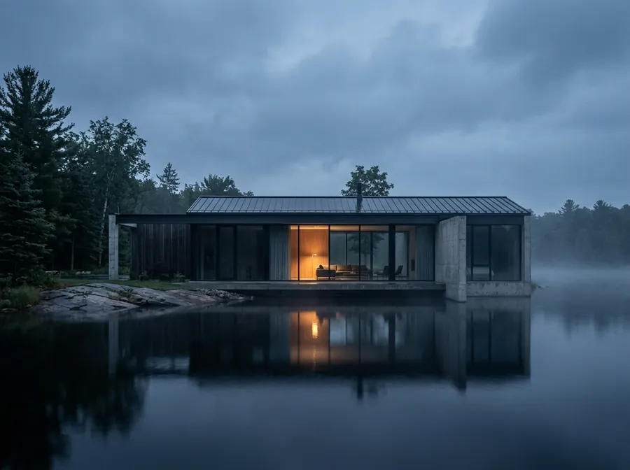 A minimalist glass-and-steel lakeside house at dusk reflected in still water.