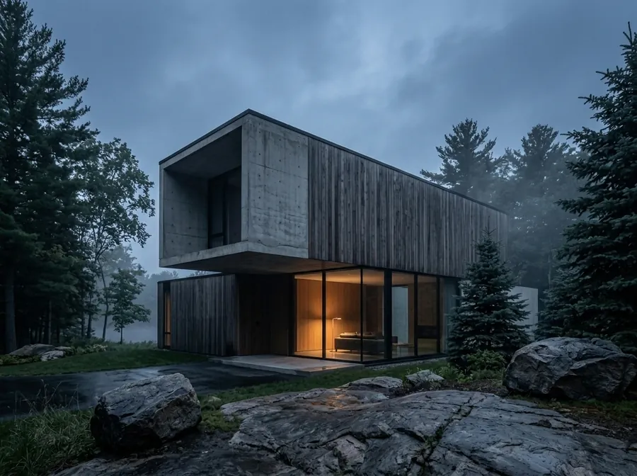 A concrete-and-oak modern home with a cantilevered upper floor at dusk among evergreens.
