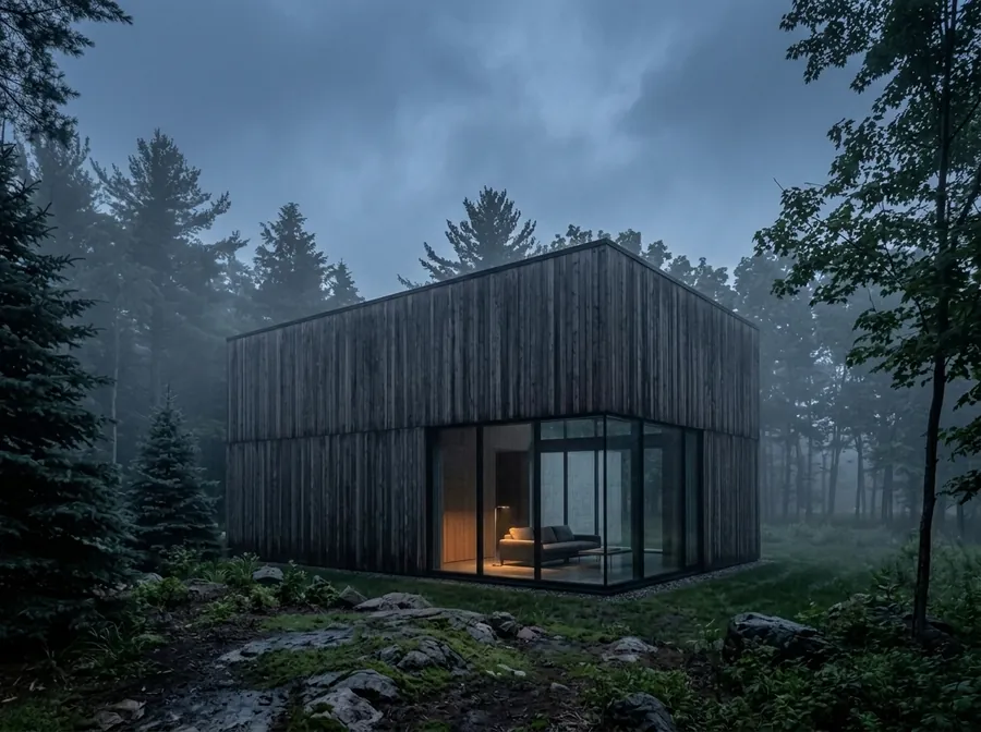 A dark-stained cedar modern cabin with glowing windows in a misty forest clearing at blue hour.