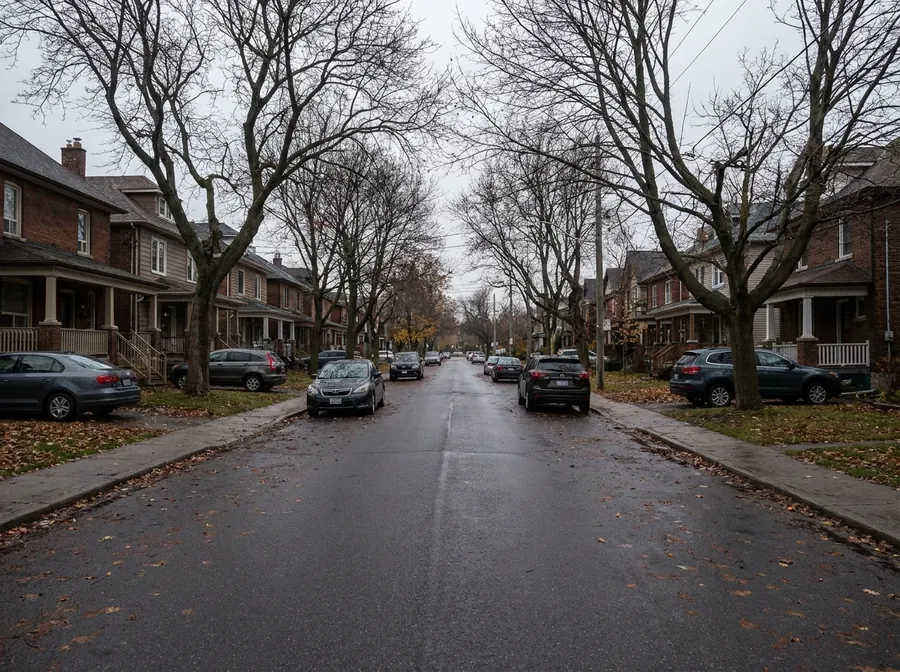 An established Canadian residential street on a damp grey day.