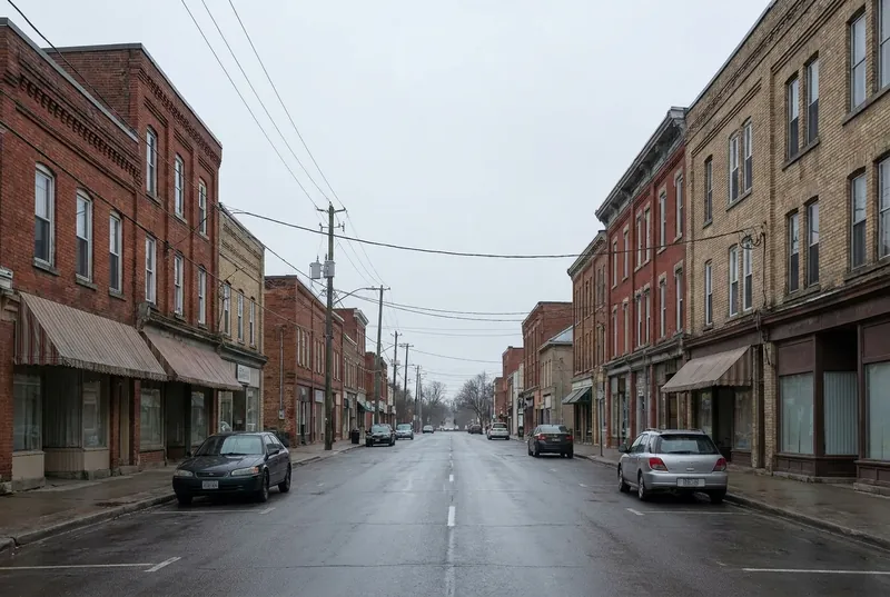A heritage brick main street in Belleville on an overcast day.