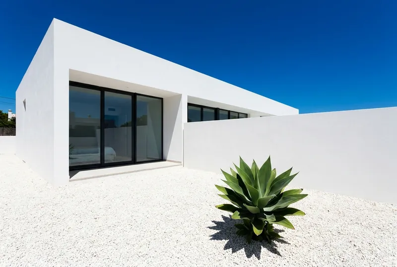 A long low white bungalow with a single sculptural agave on white gravel.