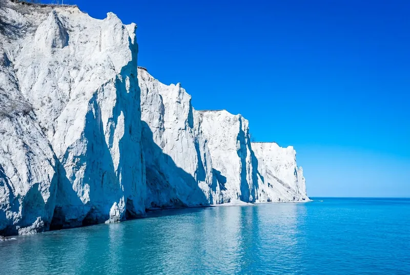 The white Scarborough Bluffs above deep blue Lake Ontario.