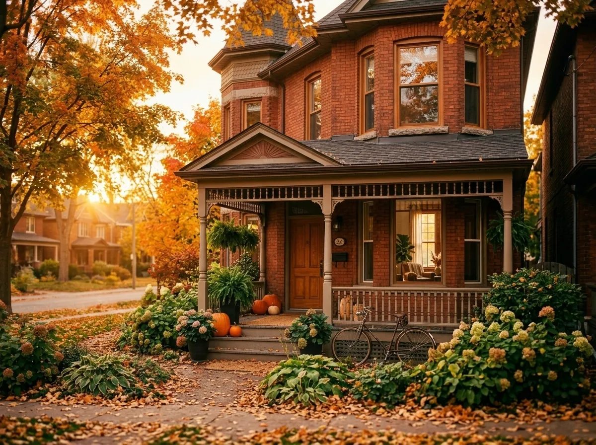A restored red-brick Victorian semi-detached home with a bay window and deep porch in autumn.