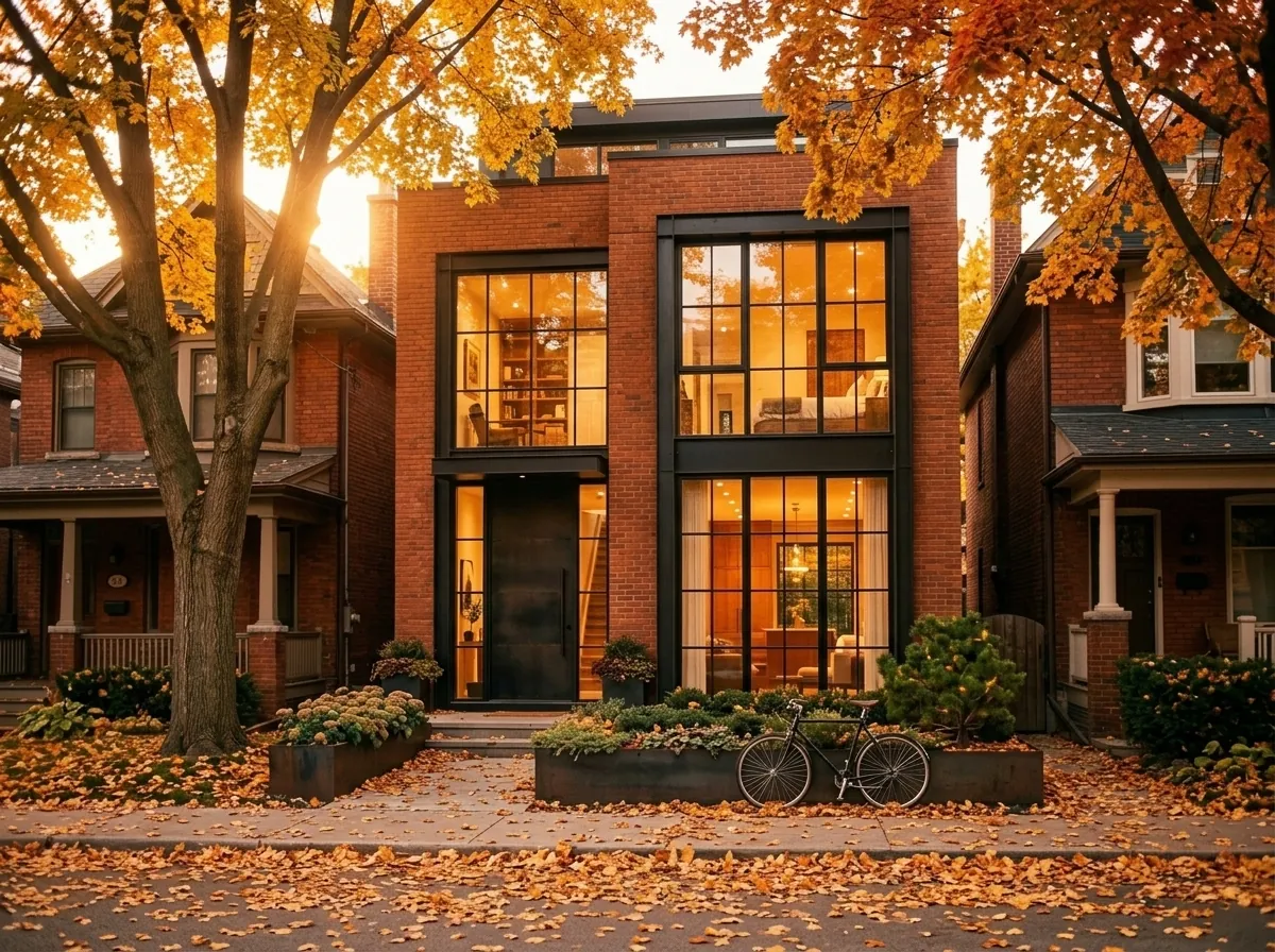 A modern brick-and-black-steel infill townhouse with large warm-lit windows on a leafy street.