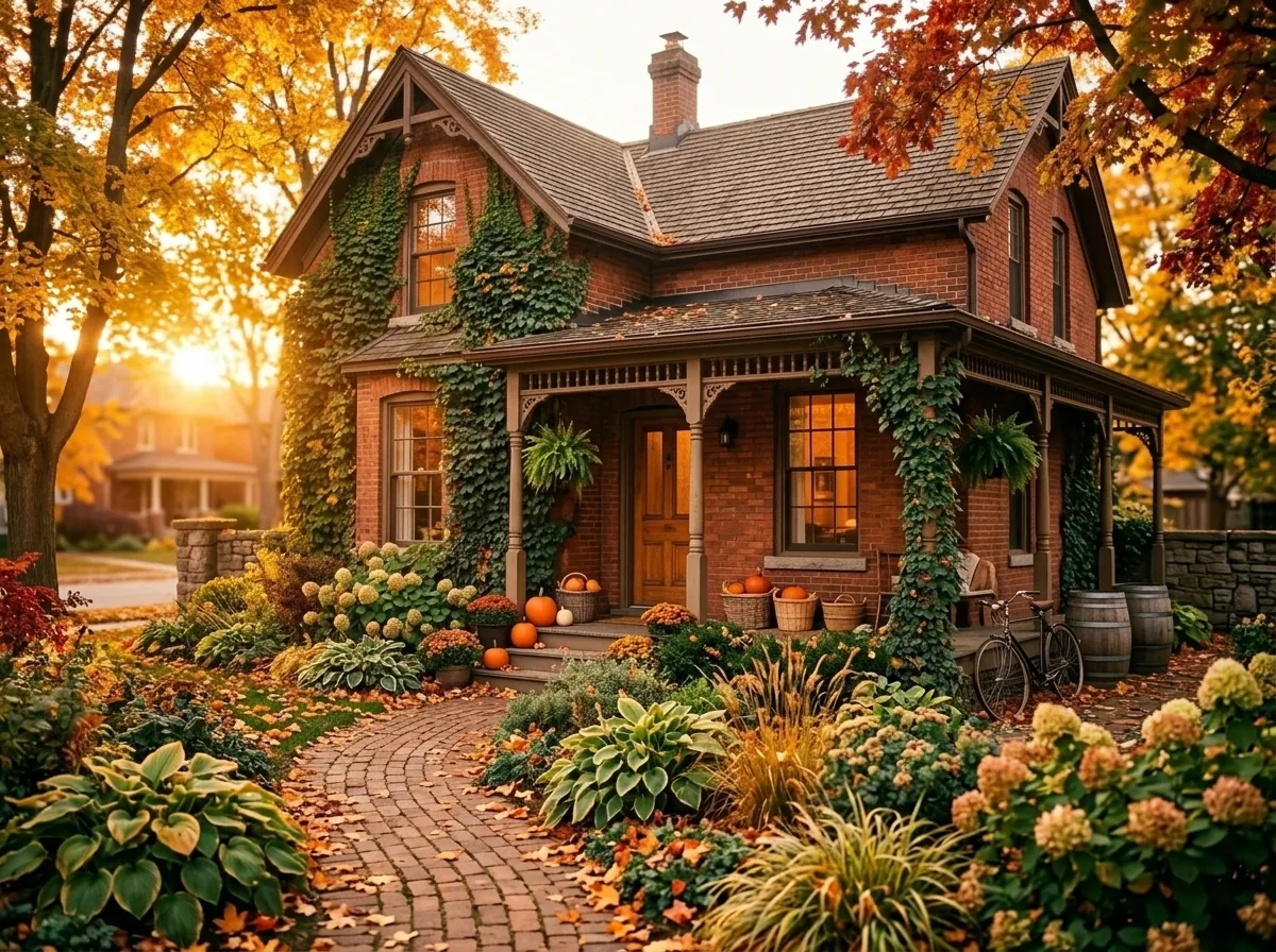 A charming detached century cottage with climbing ivy and a wraparound garden at golden hour.
