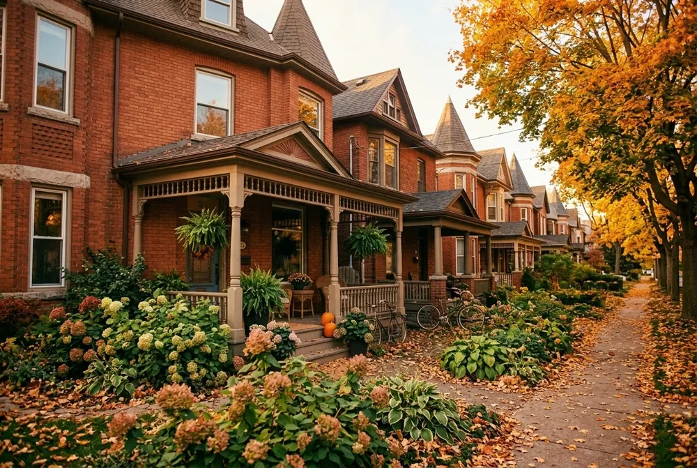 A leafy street of brick semi-detached homes with porches in autumn light.